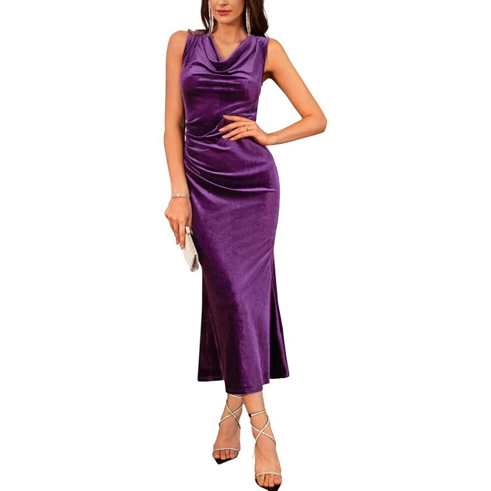Women Purple Flattering Cowl Neck Sleeveless Fall Velvet Cocktail Mermaid Gown